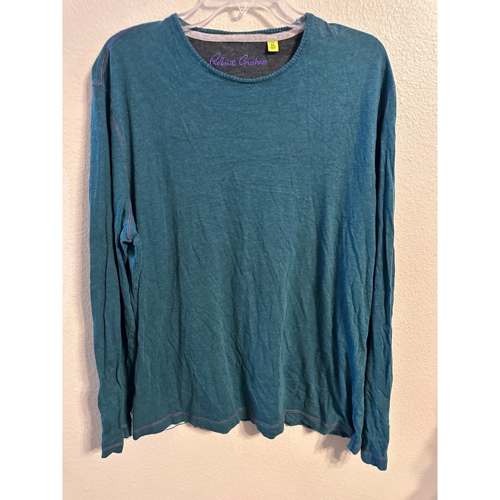 Robert Graham Mens Classic Fit Teal Blue Long Sleeve Crew Neck T Shirt XL